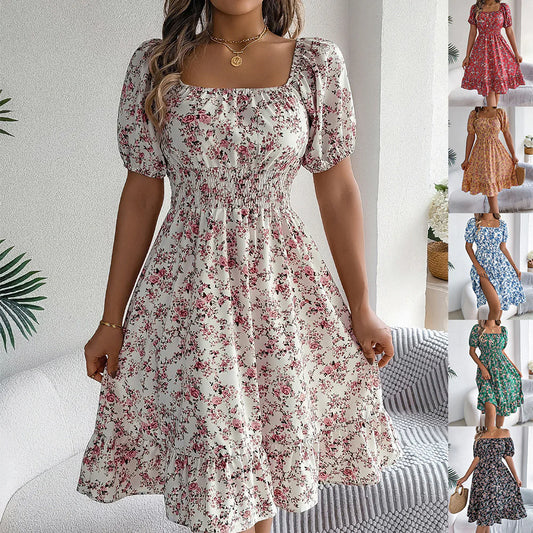 Women's Floral Ruffle Dress – Square Neck Summer Sundress with Vintage Print & Elegant Fit